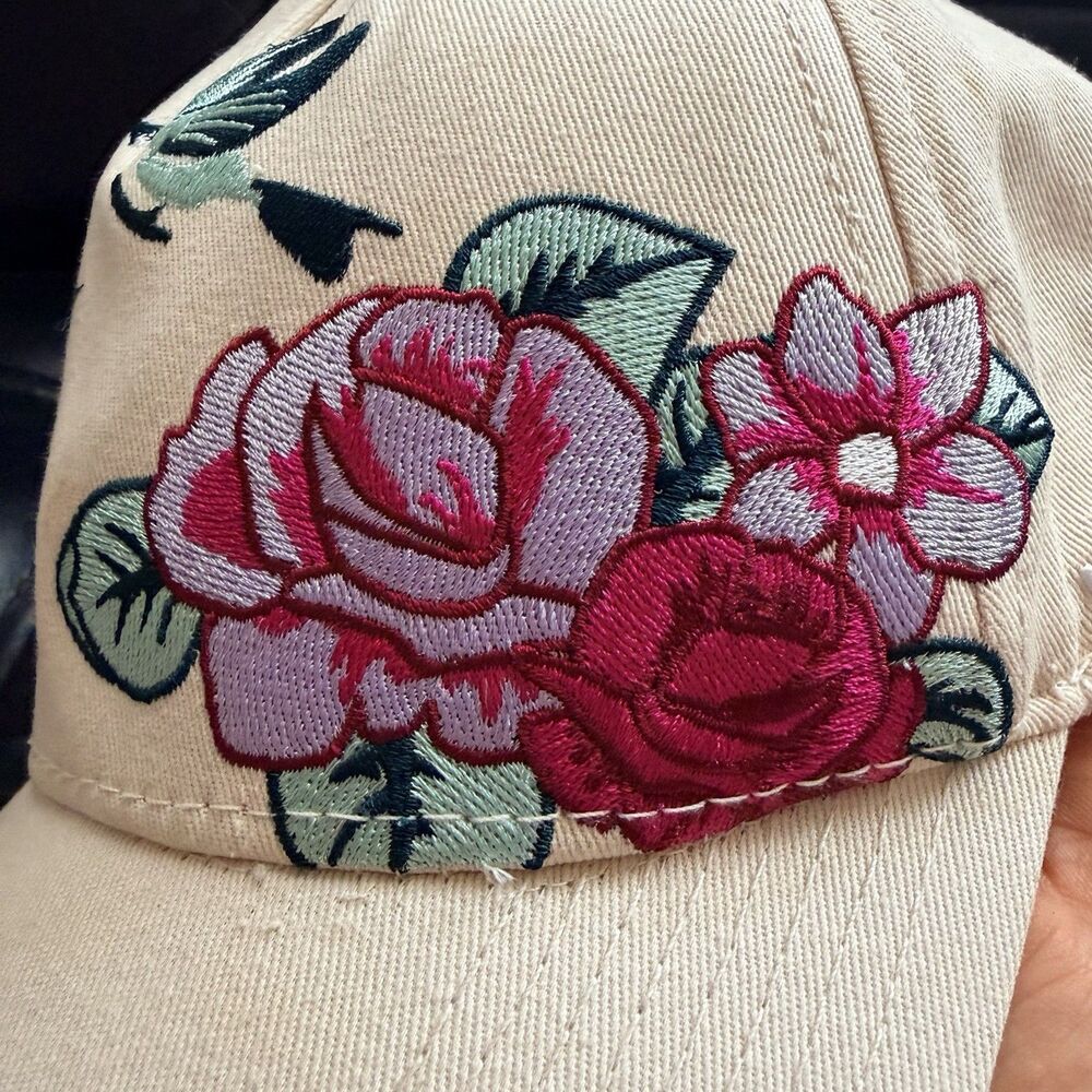 YoungLA Floral Hummingbird Embroidered Baseball Cap Beige Adjustable Cotton Hat - Picture 7 of 15